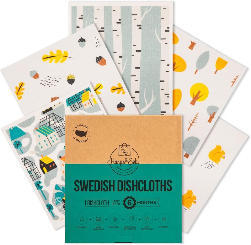 Harps&Seb Swedish Dishcloths for Kitchen Dish Towels - 5 Pack, Non-Scratch Reusable Paper Towels, Super Absorbent Washable Swedish Dish Cloths, No Odor, Biodegradable, Home Design - Image 1